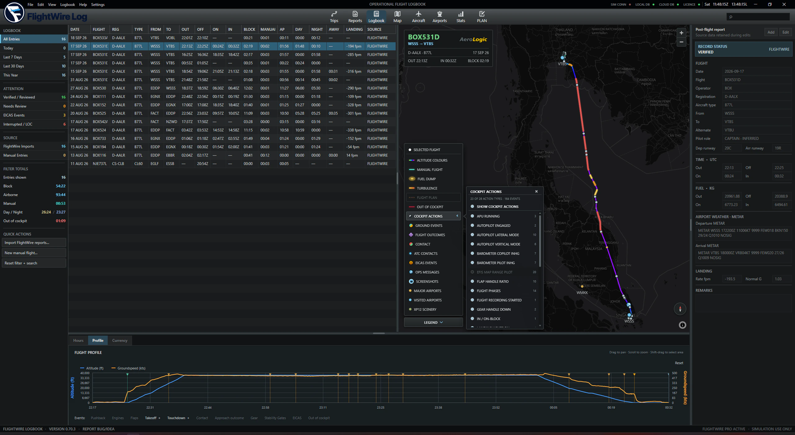 FlightWire Logbook 0.70.3 showing flight history, the Singapore to Bangkok route and flight profile