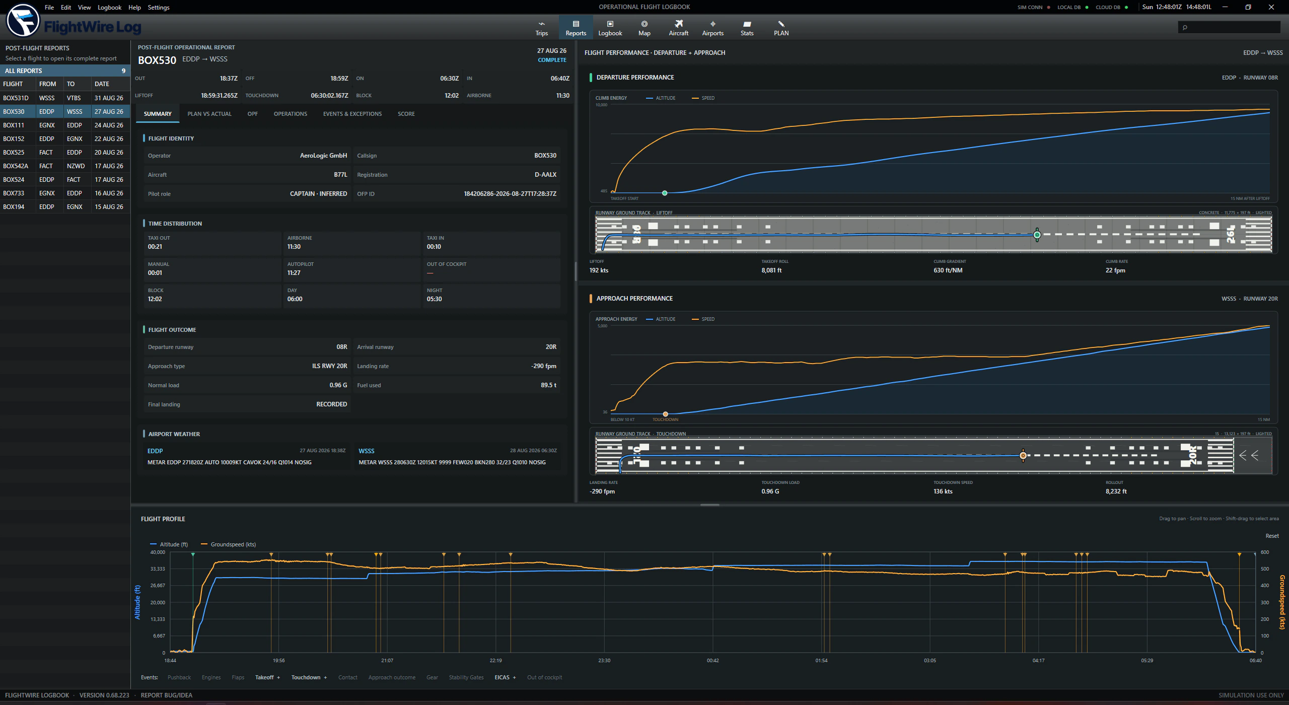 Logbook flight report for BOX530 from Leipzig to Singapore with departure and approach performance graphs, runway tracks and a full-flight profile