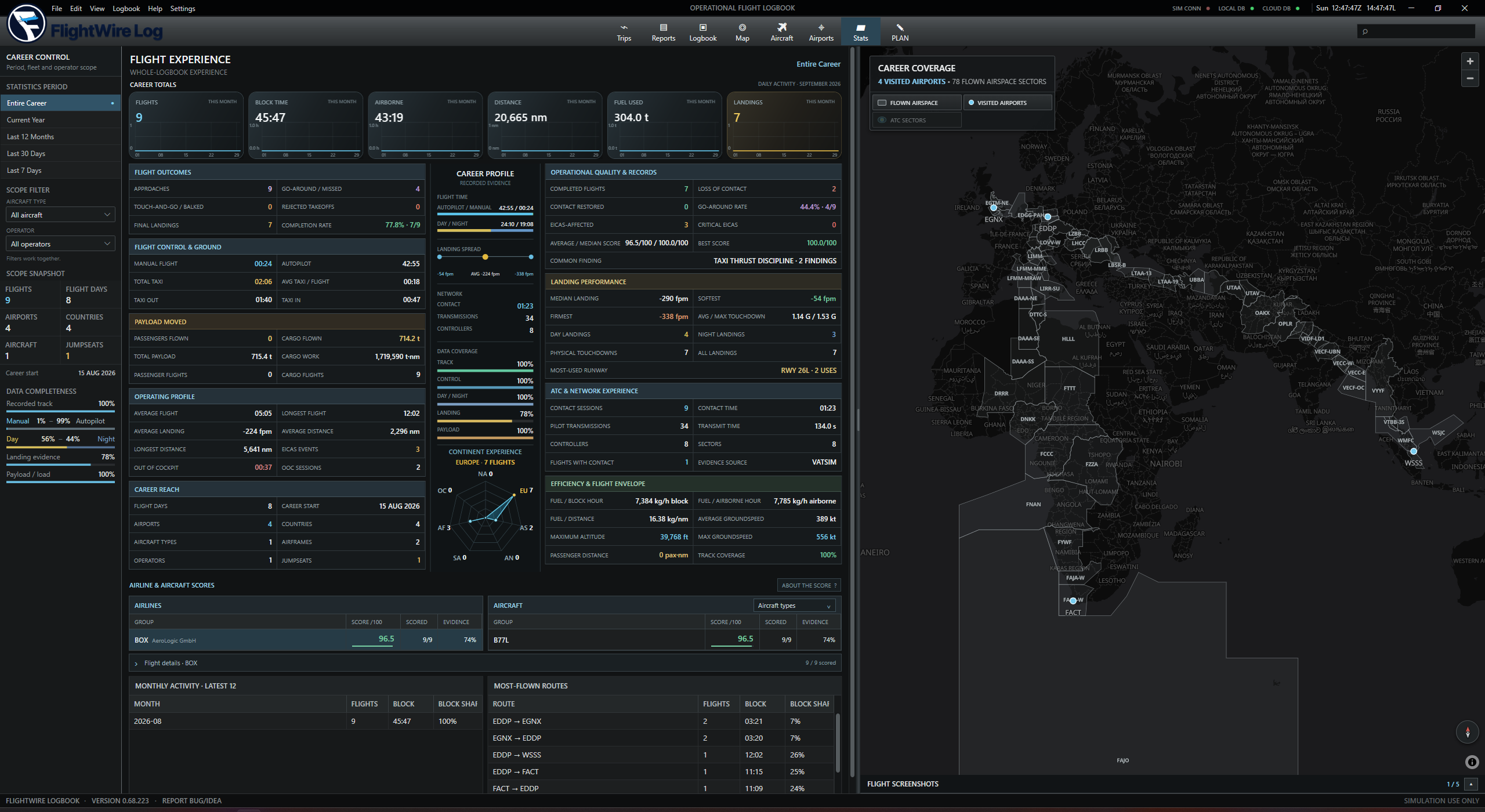 Logbook Stats page with career totals, flight experience, aircraft statistics and a map of visited airports